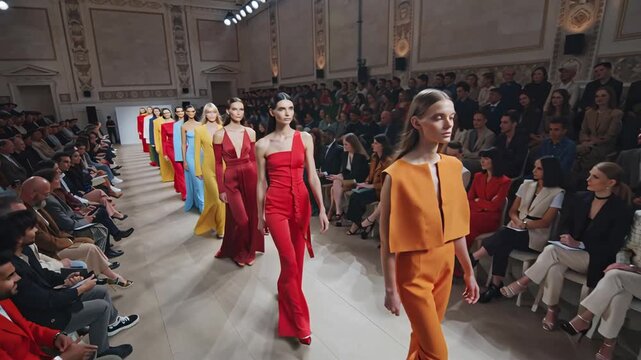 beautiful young women model walks the catwalk in chic dresses high fashion