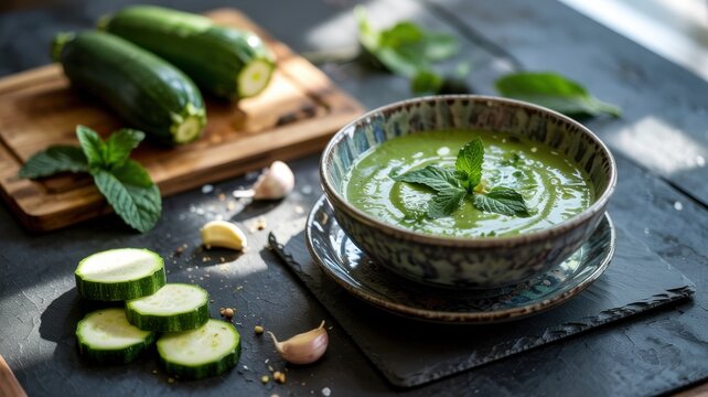 Soupe pur&eacute;e de courgettes &agrave; la menthe. Assiette sur fond de comptoir en pierre noire avec courgettes et ail.