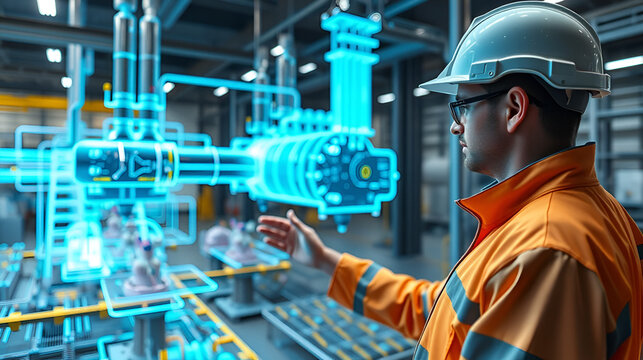 Digital twin technology concept, Engineer visualizing 3D real time simulation of industrial facility