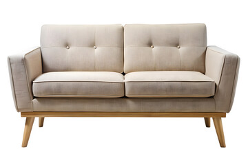 Modern beige upholstered two seater sofa with wooden legs isolated on transparent background