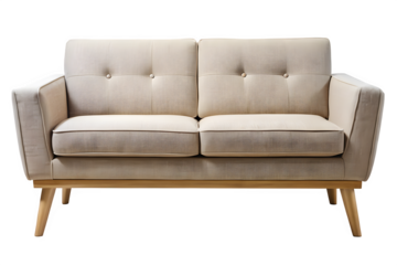 Modern beige upholstered two seater sofa with wooden legs isolated on transparent background