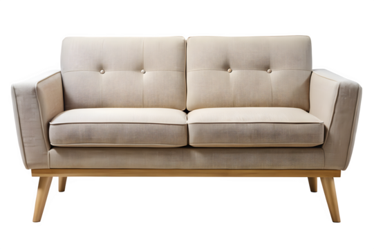 Modern beige upholstered two seater sofa with wooden legs isolated on transparent background