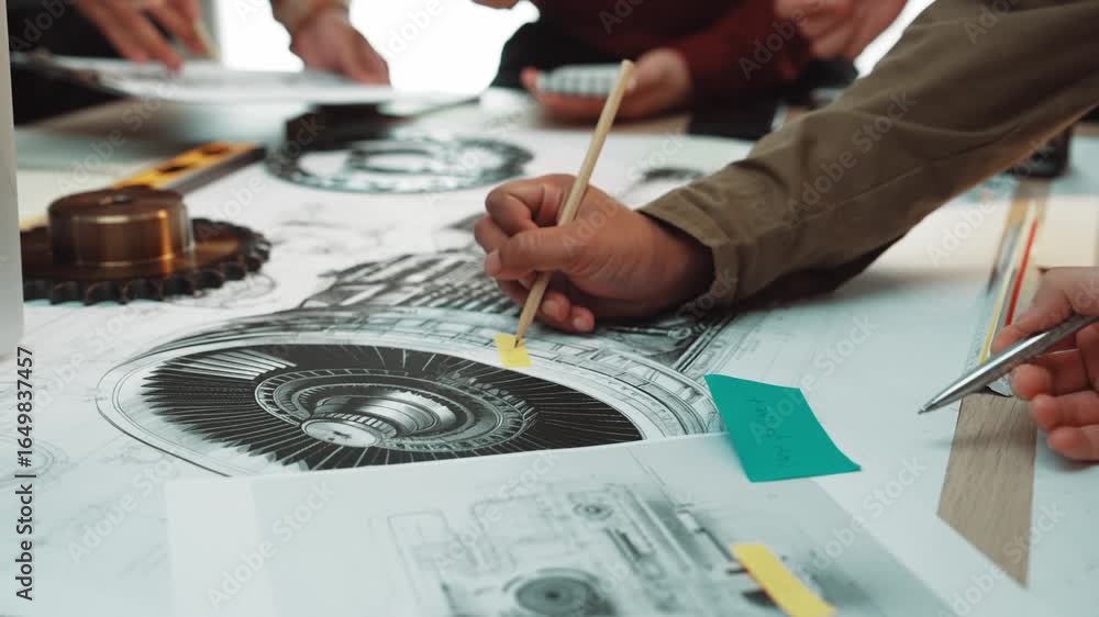 Poster a group of engineers collaboratively analyzing detailed technical drawings and machinery components 