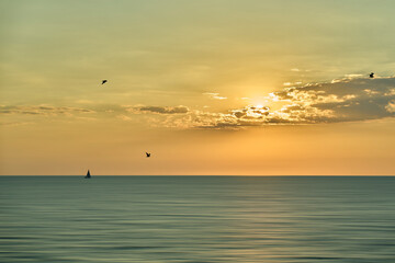 Sunset over ocean with birds and sailboat.