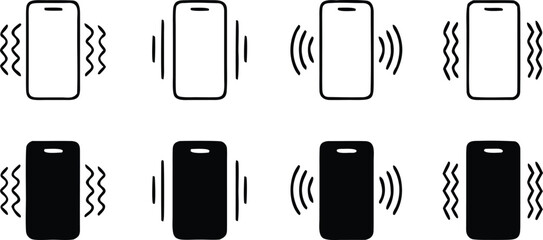 Phone vibration icon set, ringtone symbols, phone vibration signs in solid and line style 