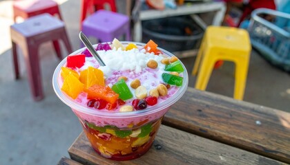 Vibrant Es Doger Street Food Delight with Pink Coconut Milk & Toppings