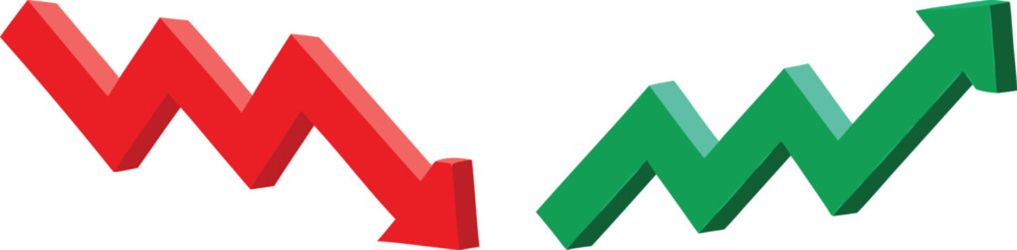 Green up and red down 3d arrow graph showing rising and descending trend, boosting of business result, decrease and growing investment profit symbol 