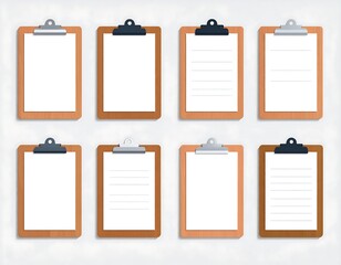 Nine empty clipboards, various lined paper