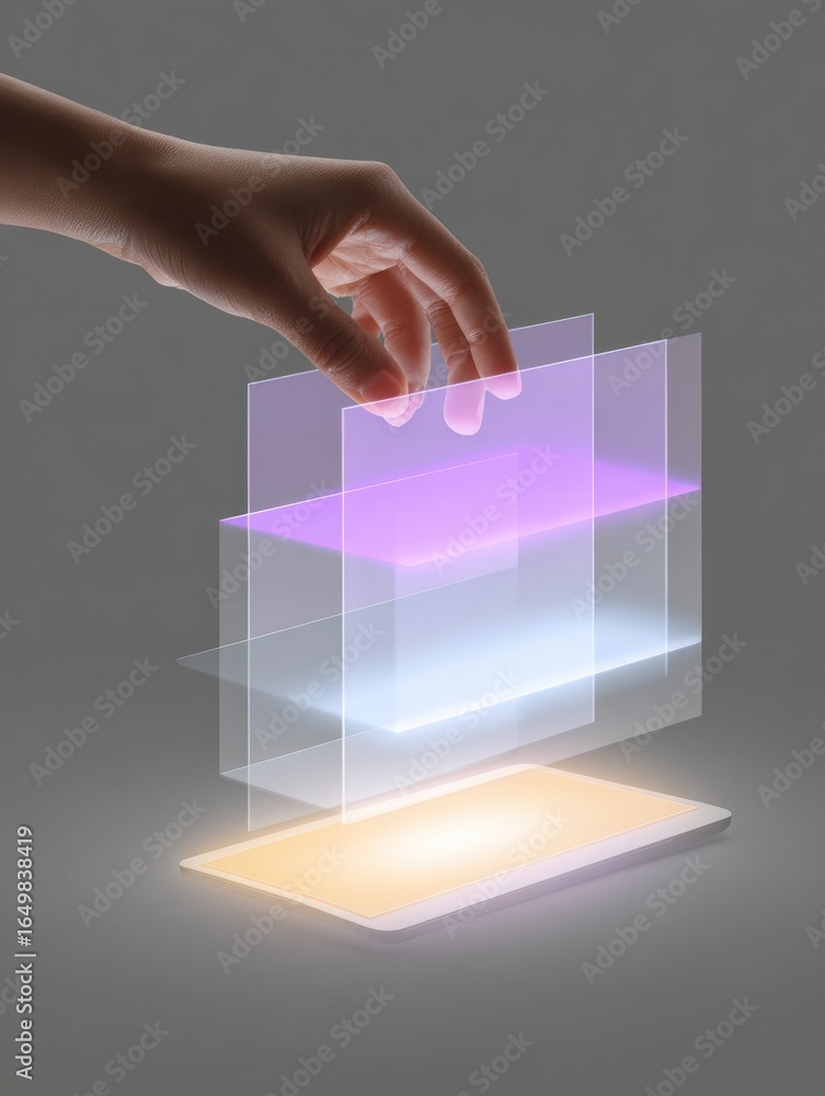Poster hand manipulating translucent layers of colored glass in an artistic display of light and shadow
