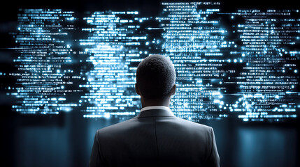 Man in a suit is looking at a computer screen with a lot of blue and white code. Concept of technology and the importance of understanding and interpreting complex data