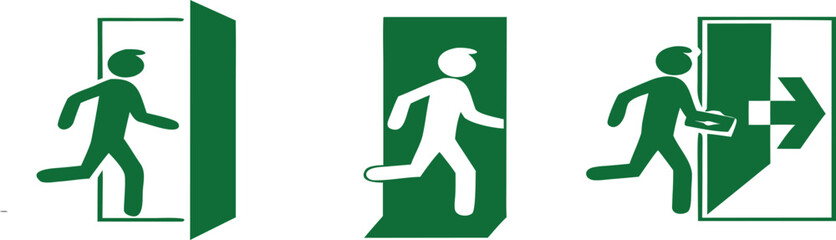 Green sign evacuation exit set icon, direction a safe area, fire exit, designations location emergency evacuation exit, quick and safe exit 
