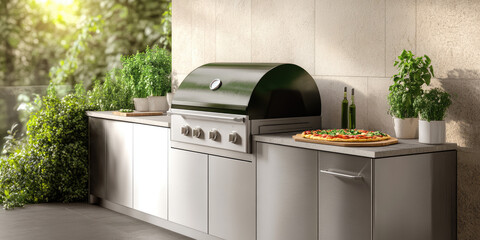 Outdoor kitchen setup featuring a stainless steel grill with a pizza and plants nearby. Modern outdoor cooking and dining concept