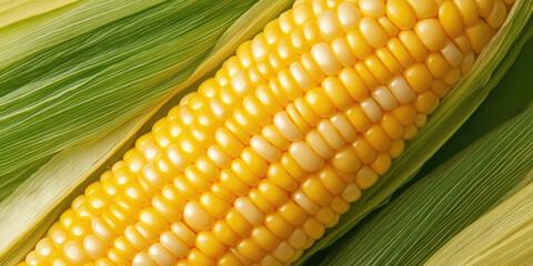 Yellow corn with green husk partly exposed. Concept: fresh produce, agriculture