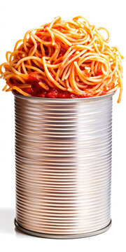 Naklejki A pile of spaghetti with tomato sauce sits on top of an opened metal can. Concept: creative food presentation, unexpected pairing