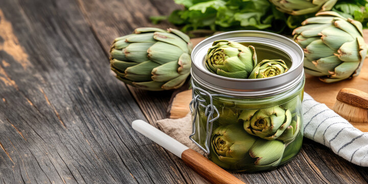 Artichokes are in a glass jar and scattered on a wooden board with a knife. Fresh, organic vegetables preserved for storage - Powered by Adobe