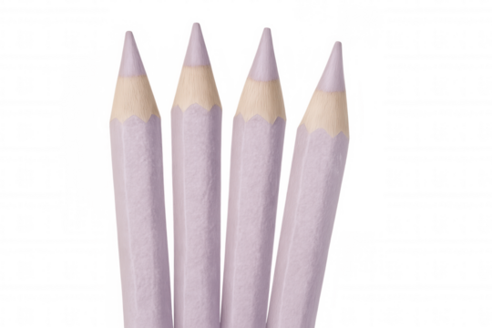 Four pastel purple colored pencils standing upright on a transparent background, ready for creative endeavors