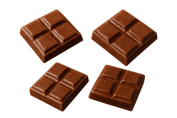 Obraz premium Four falling pieces of milk chocolate bar isolated on transparent background, ideal for compositing and mockups