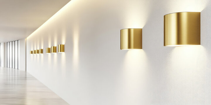 Gold wall lamps evenly spaced on a white wall illuminate a modern corridor. Elegant interior lighting design