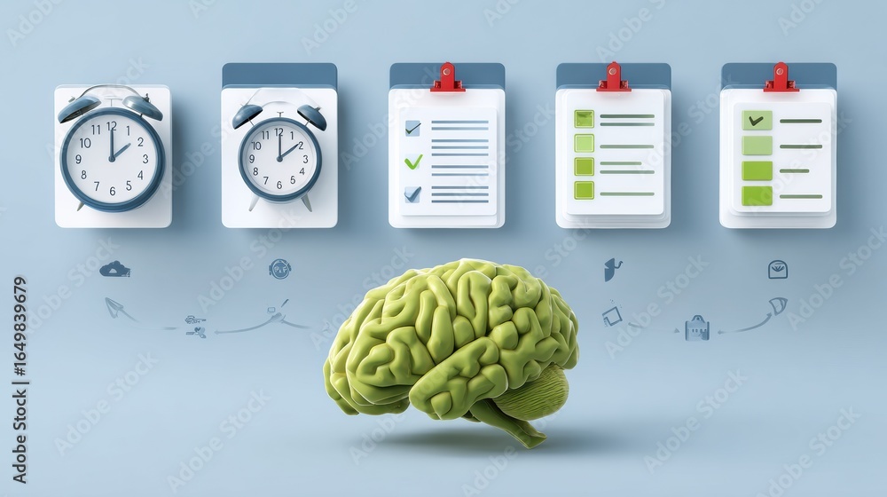 Poster understanding time management with visual aids featuring a brain and checklists on a wall with clock
