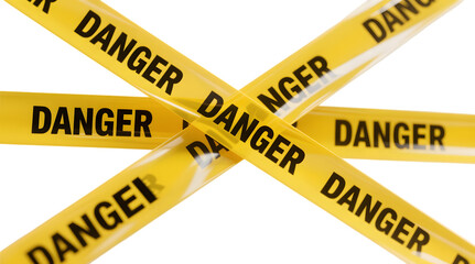 close-up view of multiple bright yellow caution tapes intersecting and overlapping each other with the text "DANGER" against a transparent png white background