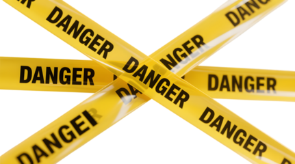close-up view of multiple bright yellow caution tapes intersecting and overlapping each other with the text "DANGER" against a transparent png white background