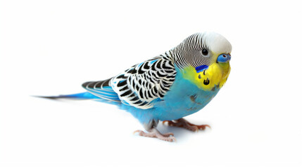 a vibrant blue and yellow parakeet, also known as a budgie or budgerigar, set against a clean white background
