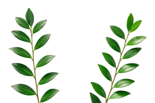 Two vibrant green plant branches with simple leaves extend upwards, perfectly isolated on a transparent background, ideal as a clean PNG.