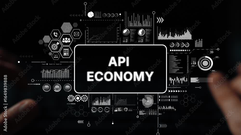 Poster hands engaging with digital interface representing the concept of api economy in modern technology a
