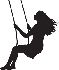 Black silhouette of a woman with long flowing hair on a swing girl playground