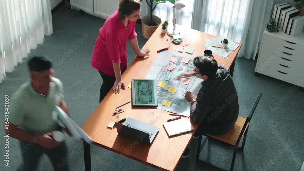 Poster top view of smart civil engineer team working together to plans building construction. top view of a