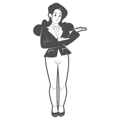 Vector Illustration of Businesswoman in Suit Presenting with Open Hands in Black and White