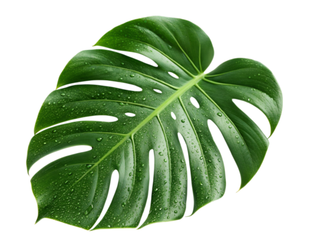 A vibrant green tropical leaf with clear water droplets is isolated on a pure transparent background. This plant element is a clean PNG image.