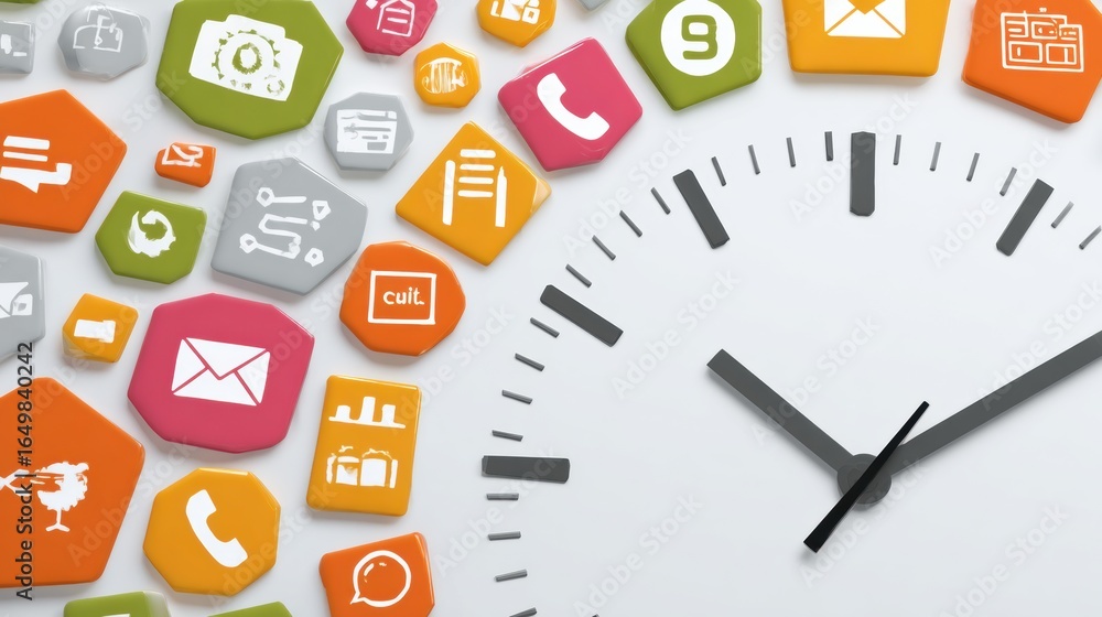 Poster colorful icons surround a clock, representing digital communication and time management in a modern 