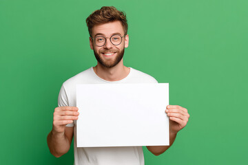 smiling man, blank sign, male model, mockup, white t-shirt, advertising, casual fashion, glasses, handsome, portrait studio, green background, copy space, presentation concept, holding poster, cheerfu