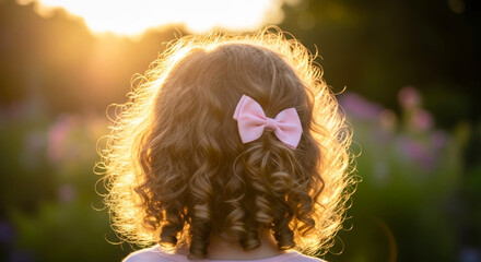 Young girl with hair bow in curls backlit by golden sunset in garden