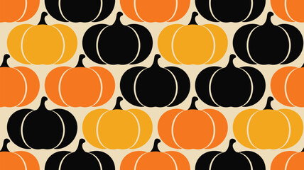 A repeating pattern of orange yellow and black pumpkins on a light beige background for halloween decor