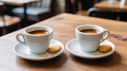Fototapeta premium Warm Cups of Coffee Served Alongside Cookies in a Cozy Cafe in the Afternoon
