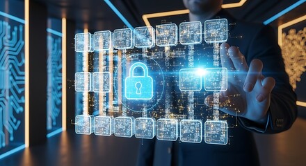 Businessperson touching digital screen with modern cybersecurity blockchain technology graphic.
