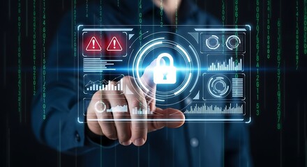 Cybersecurity expert activating digital data protection shield with holographic interface.
