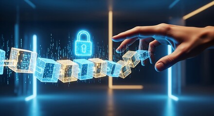 Businessperson touching digital screen with modern cybersecurity blockchain technology graphic.
