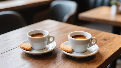 Fototapeta premium Two Espresso Cups Served on Wooden Table With Cookies in Cozy Cafe Setting During Afternoon
