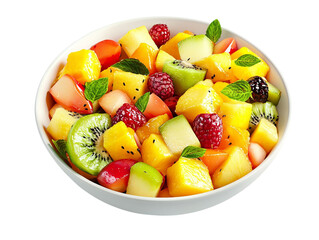 PNG of A vibrant bowl of mixed fresh fruits featuring pineapple, grapes, and mint leaves, perfect for a refreshing snack.