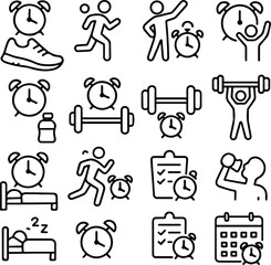 Daily Routine, Fitness, Wellness Icon Set, Fitness and wellness icon set for daily routines. Perfect for apps, web, and print.