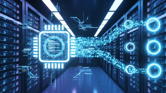 Technological data flow concept AI processing within a modern data center infrastructure