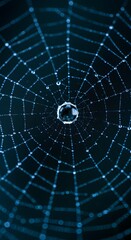 Fototapeta premium Closeup of a spiderweb covered in water droplets, illuminated against a dark background