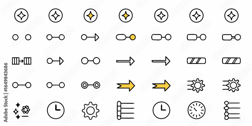 Poster illustration of various interface icons including stars arrows gears clocks and list symbols arrange