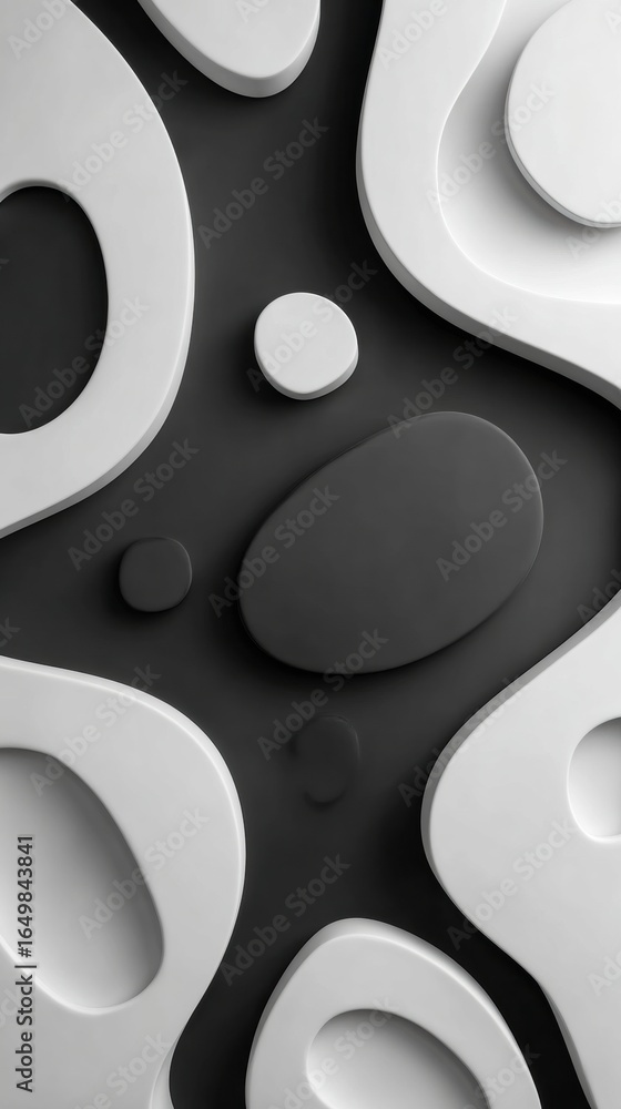 Poster abstract design featuring curves and shapes in black and white on a textured surface, emphasizing mo