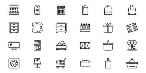 Collection of various household and shopping related icons in a minimalist line art style graphic design
