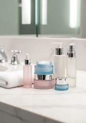 Fototapeta premium Variety of skincare and cosmetic products on a marble bathroom counter. 