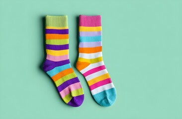 Pair of colorful striped socks on a turquoise background. Bright, mismatched design with vibrant rainbow colors. Fun fashion accessory symbolizing individuality, creativity, and playful style.